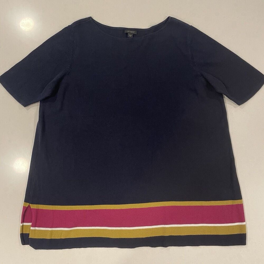 J Jill Womens Tunic Top Oversized Short Sleeve XL Blue Striped Knit Preppy